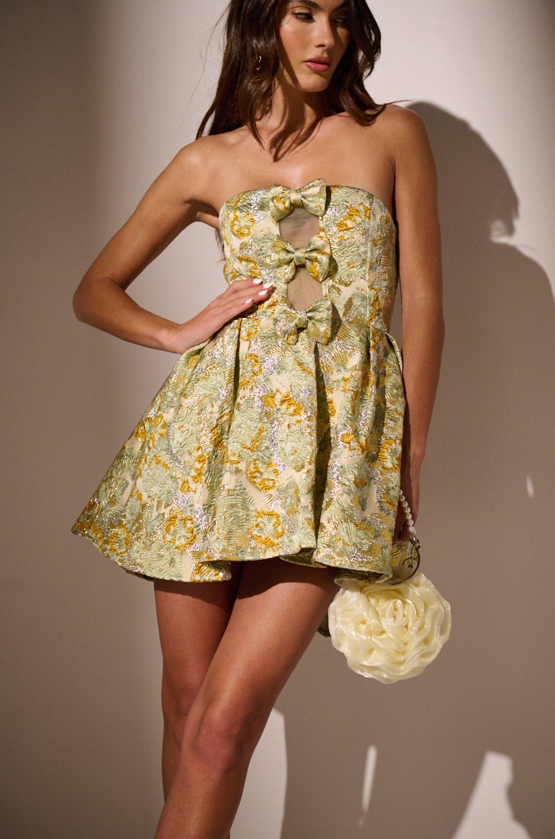 BELLE OF THE BALL BROCADE MINI DRESS IN GREEN MULTI