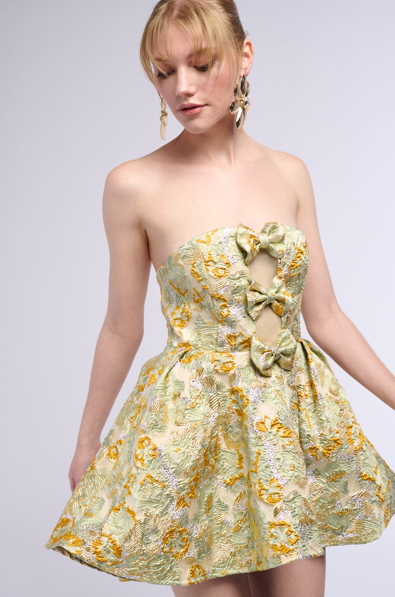 BELLE OF THE BALL BROCADE MINI DRESS IN GREEN MULTI