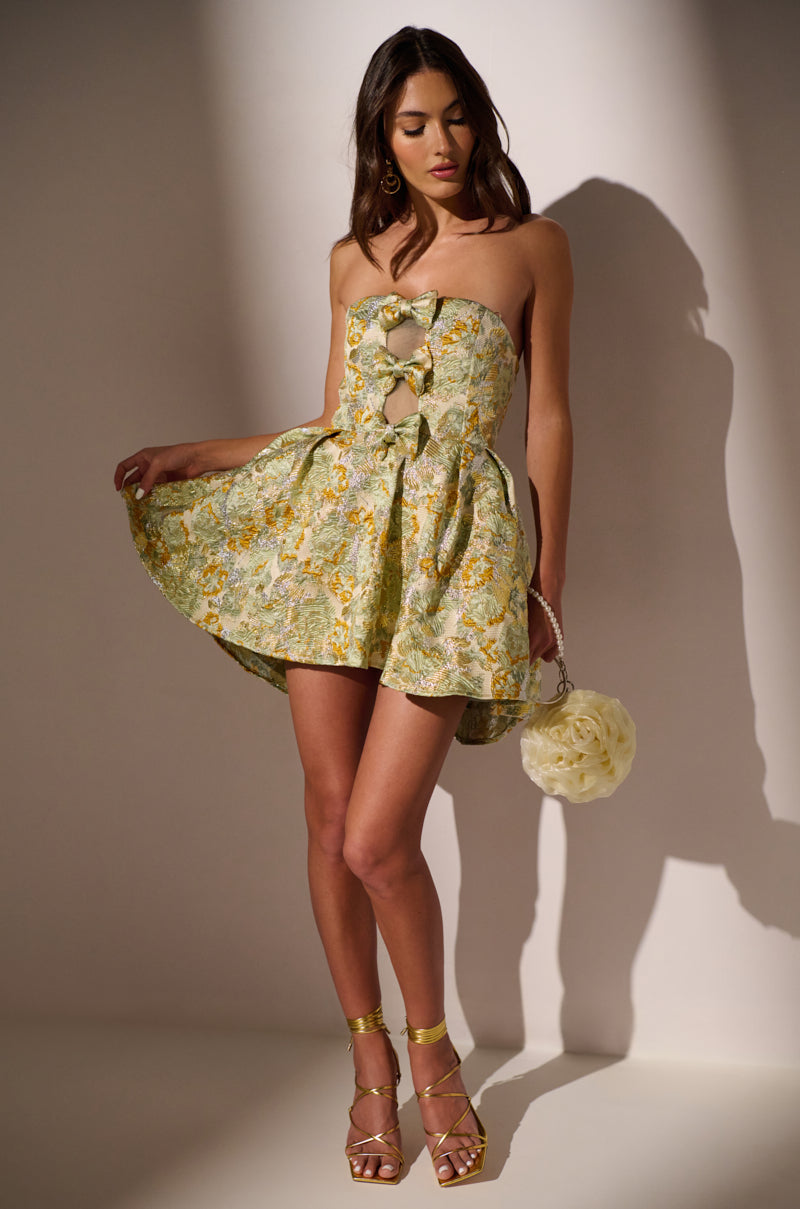BELLE OF THE BALL BROCADE MINI DRESS IN GREEN MULTI