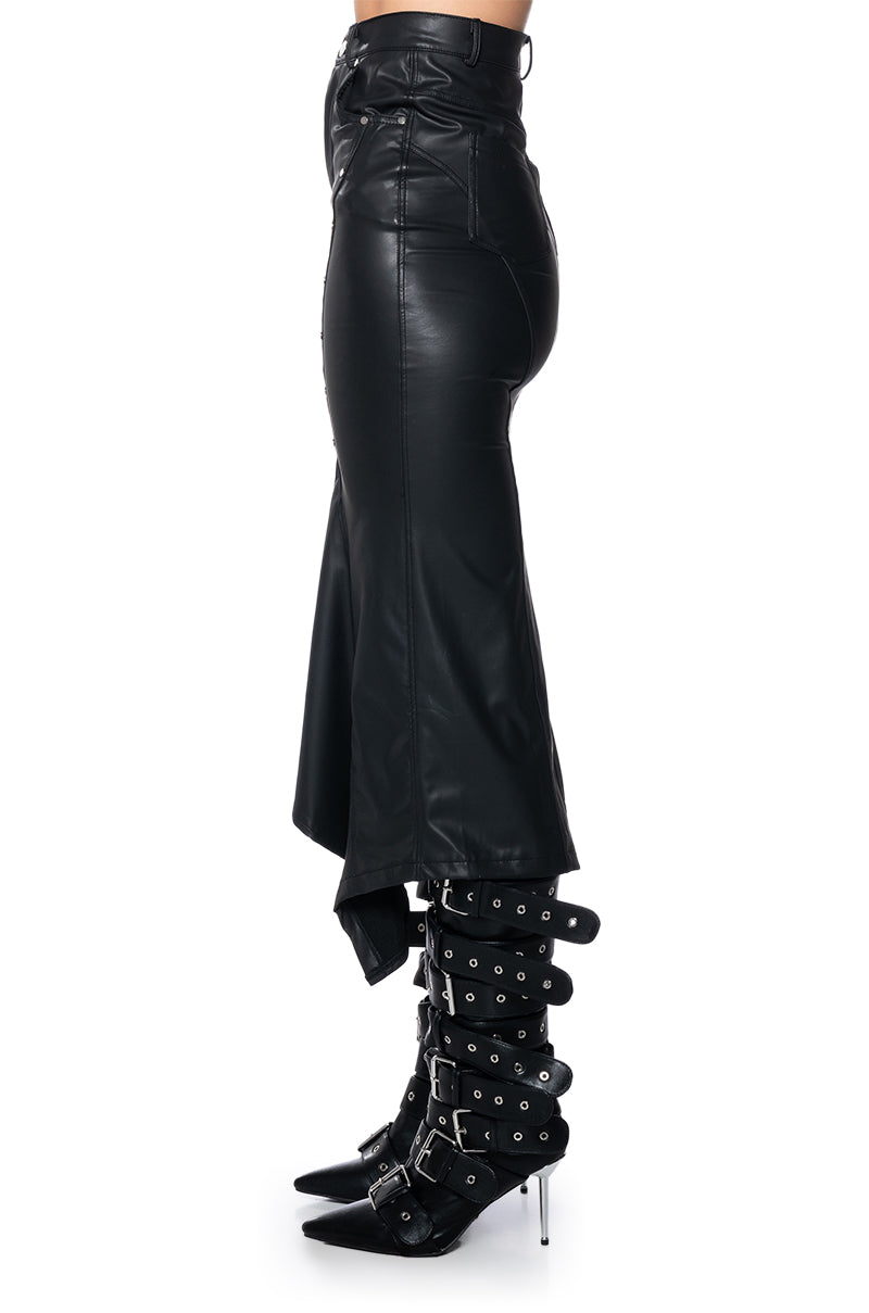 BITE ME ASYMMETRICAL FAUX LEATHER MIDI SKIRT