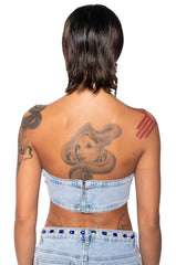 BLINGED OUT CUT OUT DENIM BANDEAU TOP