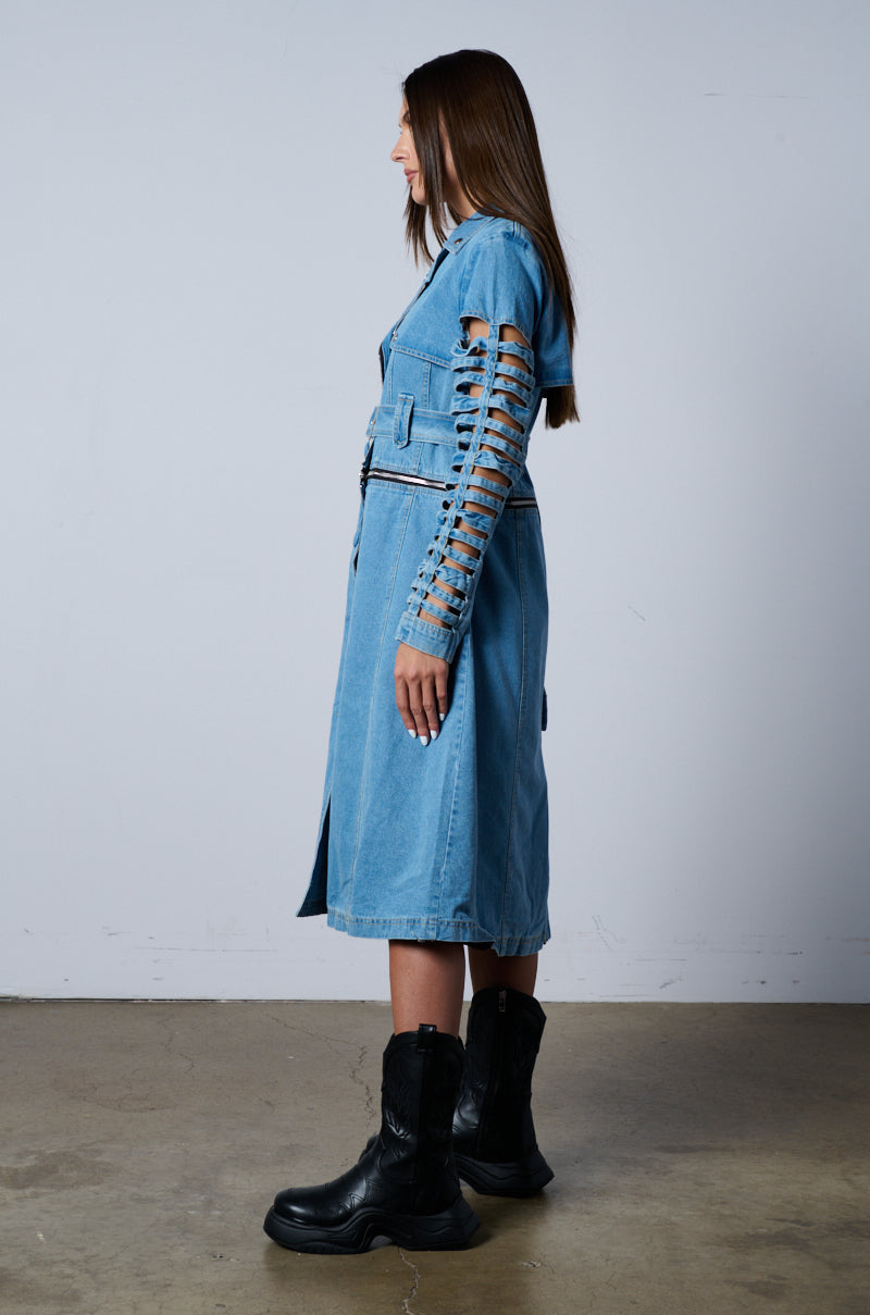BLOSSOM DENIM CUT OUT PANEL CONVERTIBLE TRENCH