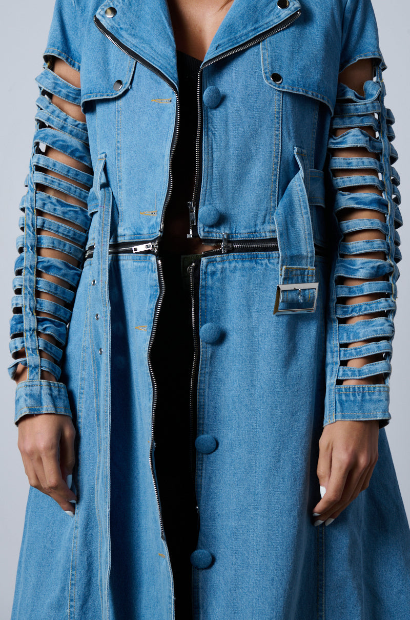 BLOSSOM DENIM CUT OUT PANEL CONVERTIBLE TRENCH