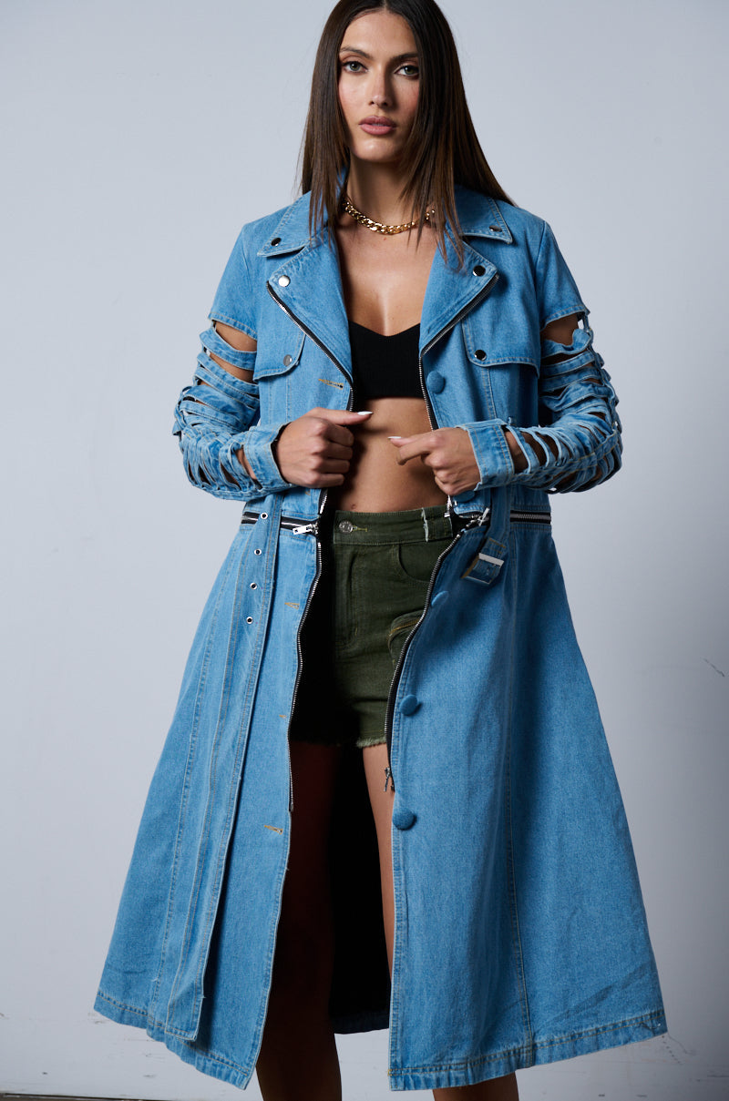 BLOSSOM DENIM CUT OUT PANEL CONVERTIBLE TRENCH