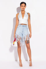 BLUE LAGOON SUPER SHREDDED FRINGE DENIM SHORT
