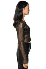 BLURRED LOVE LONG SLEEVE RHINESTONE TOP IN BLACK