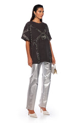 BORN TO SHINE METALLIC STRAIGHT LEG PANTS IN SILVER