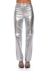 BORN TO SHINE METALLIC STRAIGHT LEG PANTS IN SILVER