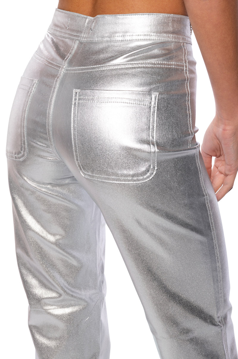 BORN TO SHINE METALLIC STRAIGHT LEG PANTS IN SILVER