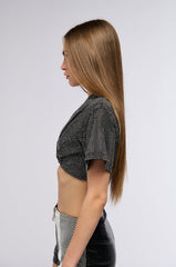 CALICO EMBELLISHED SURPLICE CROPPED T SHIRT
