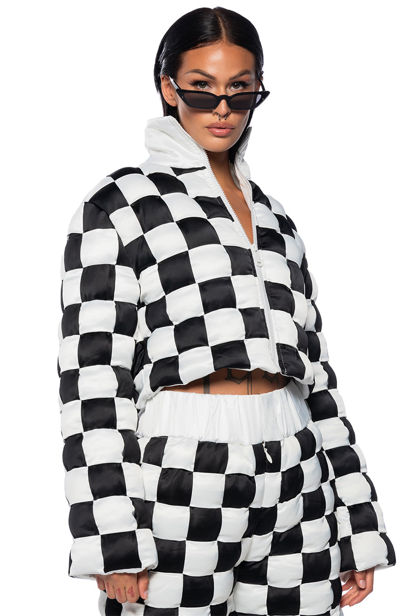 CHECK MATE WOVEN CROP BOMBER