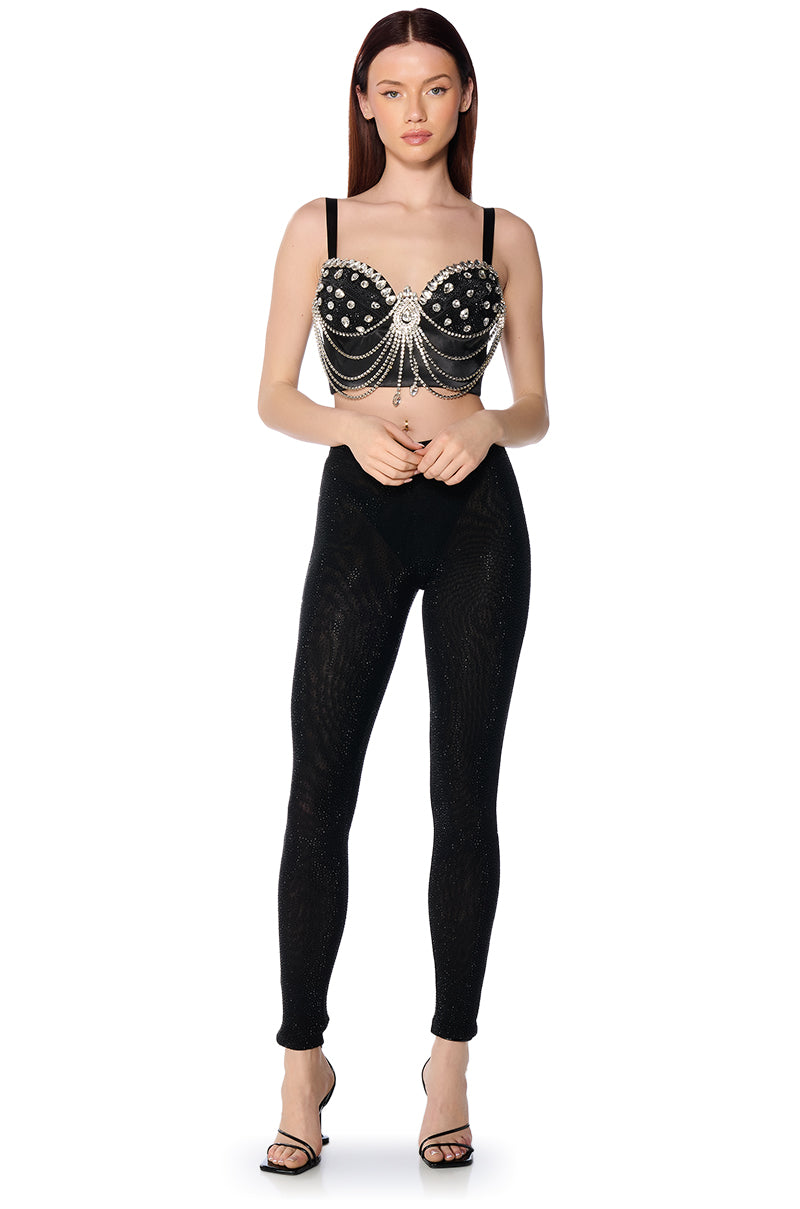 CLARISSA EMBELLISHED MESH LEGGINGS IN BLACK