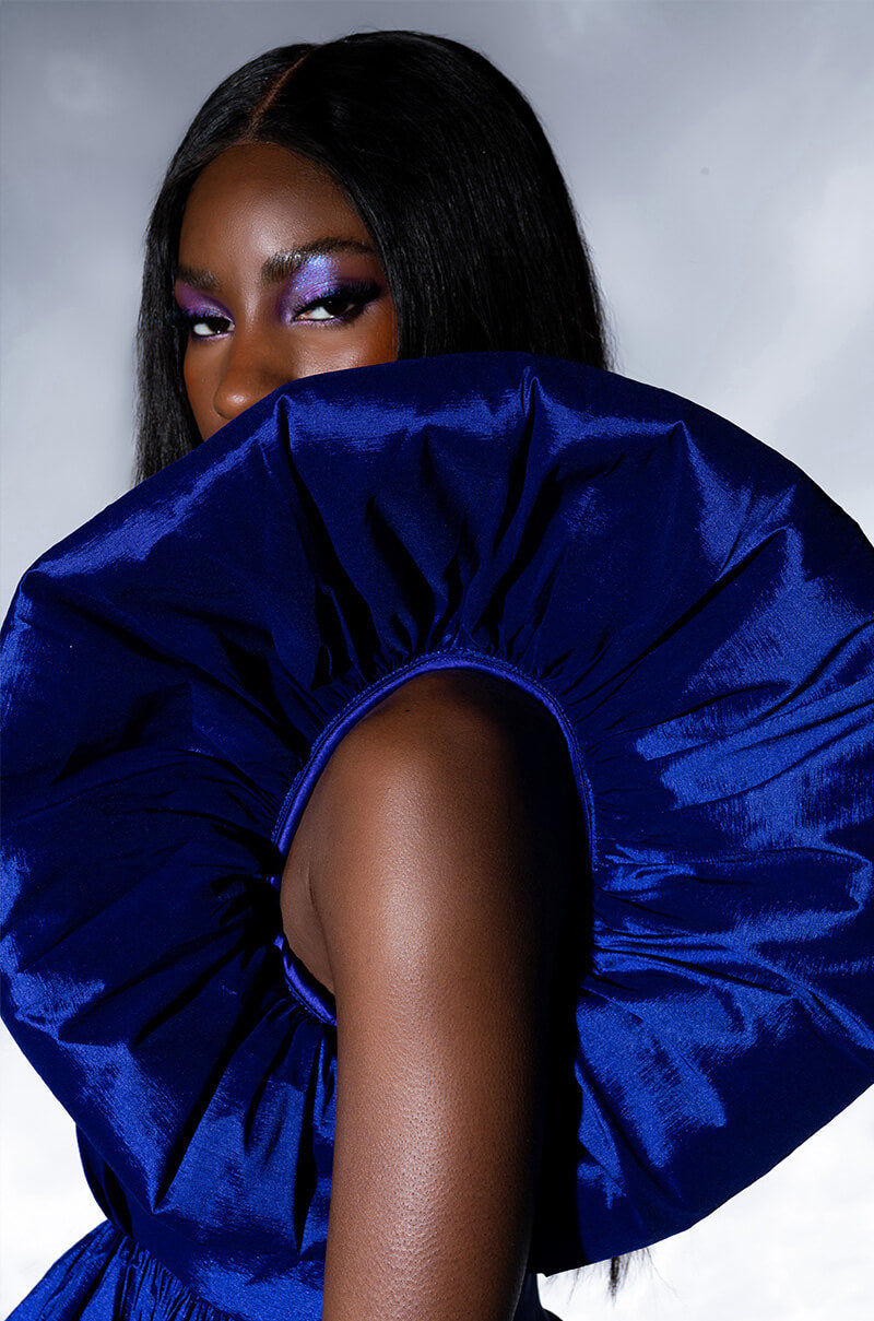 CLEMENTINE BUTTERFLY SLEEVE MINI PUFF DRESS IN DARK PURPLE