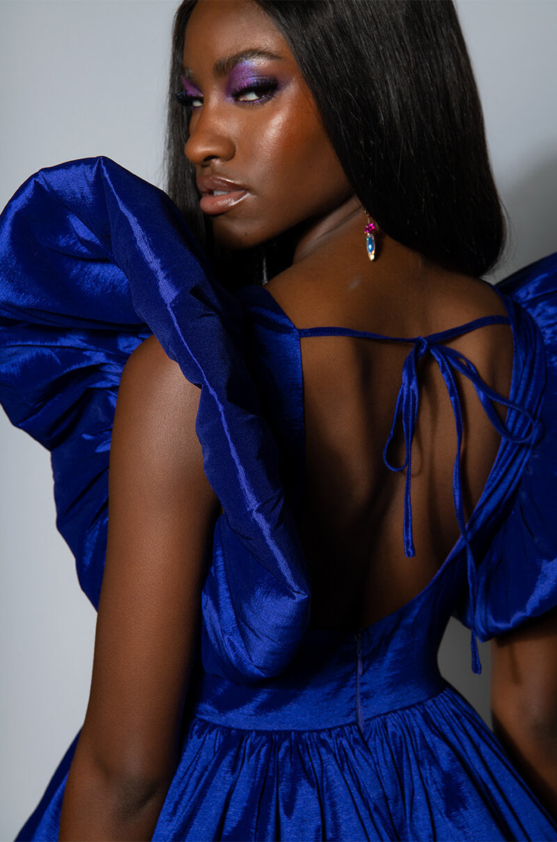 CLEMENTINE BUTTERFLY SLEEVE MINI PUFF DRESS IN DARK PURPLE