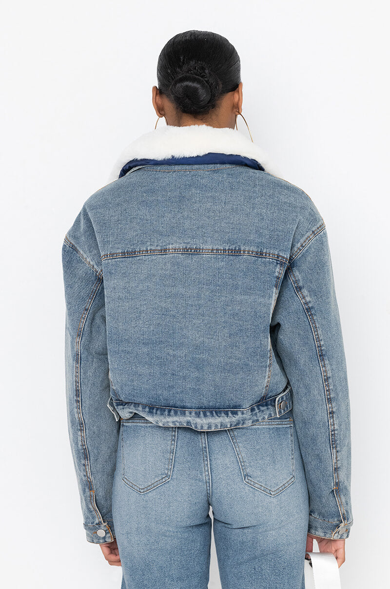 CROP DENIM JACKET WITH PLUSH COLLAR