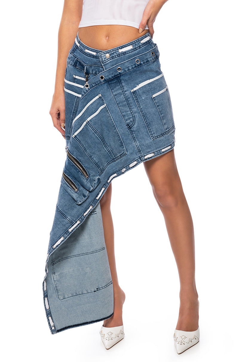 CURIOUS ABOUT YOU ASYMMETRICAL DENIM UTILITY SKIRT