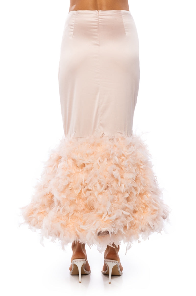 DELLA FEATHER HEM MAXI SKIRT IN LIGHT PINK