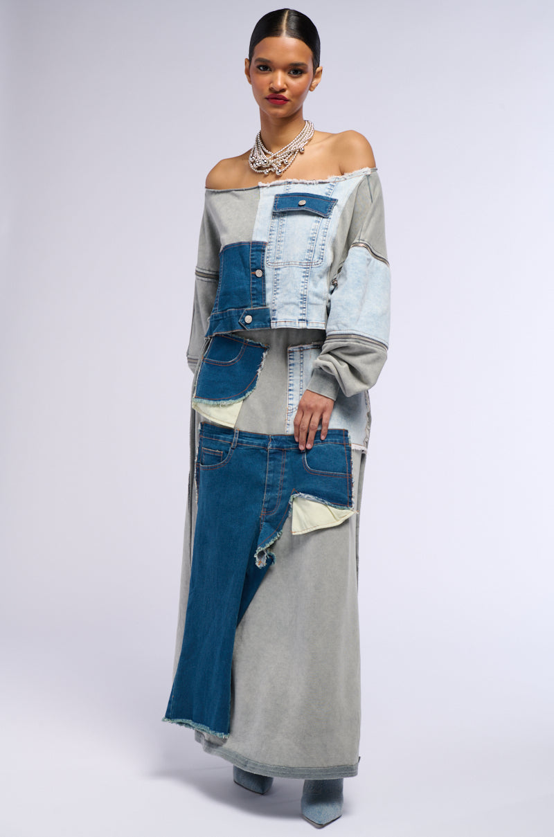 DENIM DREAMS ZIPPER DETAIL MAXI SKIRT