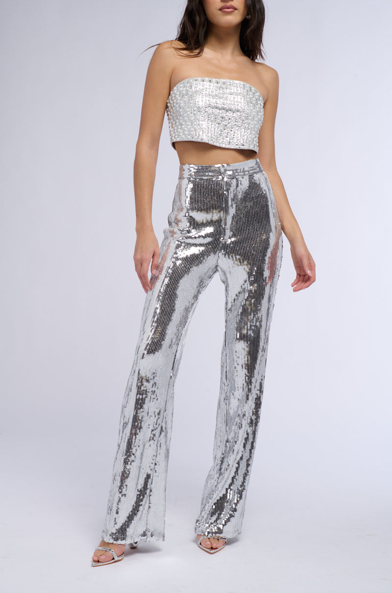 DISCO FEVER SEQUIN EMBELLISHED HIGH WAIST FLARE PANT IN SILVER