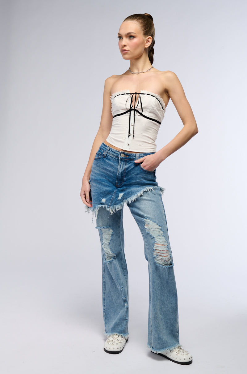 DISTRESSED SKIRT STRAIGHT LEG DENIM JEANS