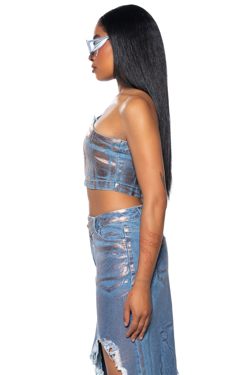DIVINE TIMING CROPPED METALLIC DENIM TOP