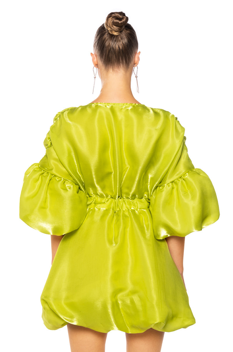 DIXIE BALLOON SLEEVE MINI DRESS IN LIME