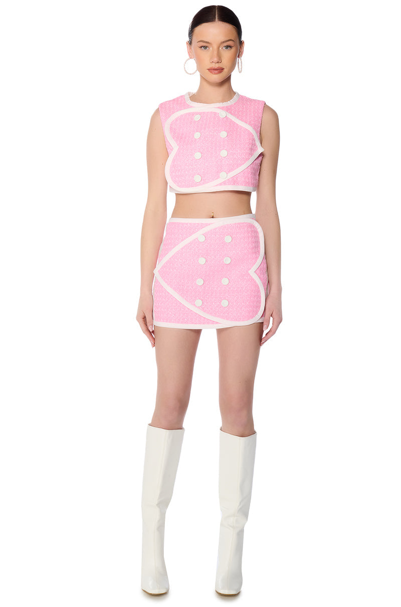 DOUBLE HEART PINK TWEED MINI SKIRT