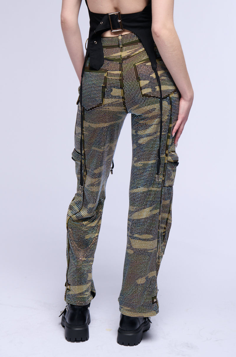 DOWN AND DIRTY CAMO WIDE LEG RHINESTONE CARGO PANT