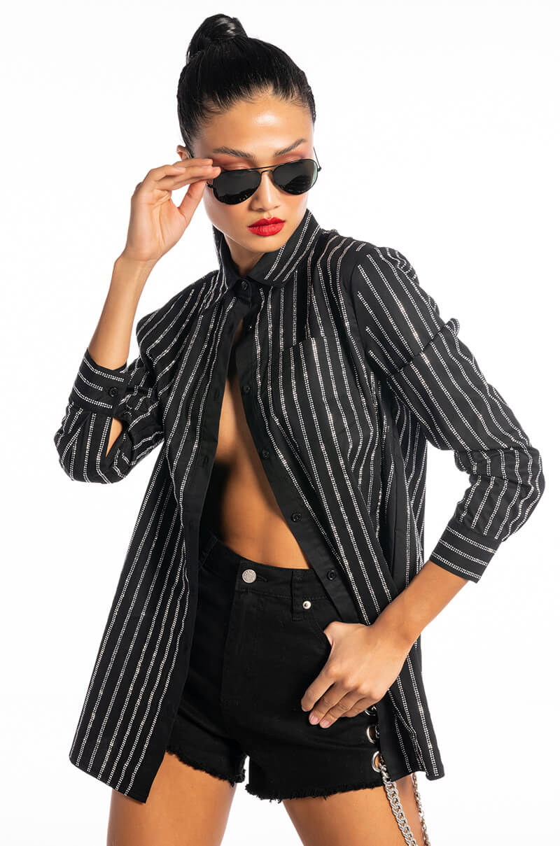 DRIPPIN RHINESTONE PINSTRIPE BUTTON UP