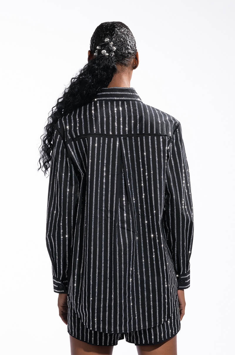 DRIPPIN RHINESTONE PINSTRIPE BUTTON UP