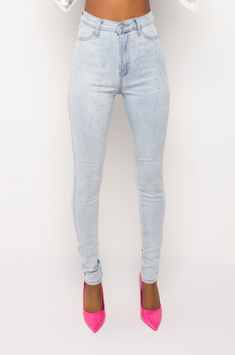 EXTREME STRETCH HIGH WAISTED SKINNY JEANS WITH RHINESTONES