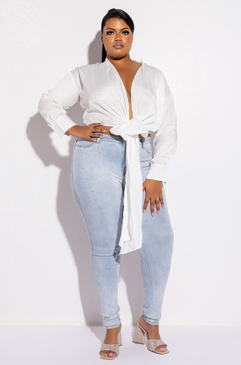 EXTREME STRETCH HIGH WAISTED SKINNY JEANS WITH RHINESTONES