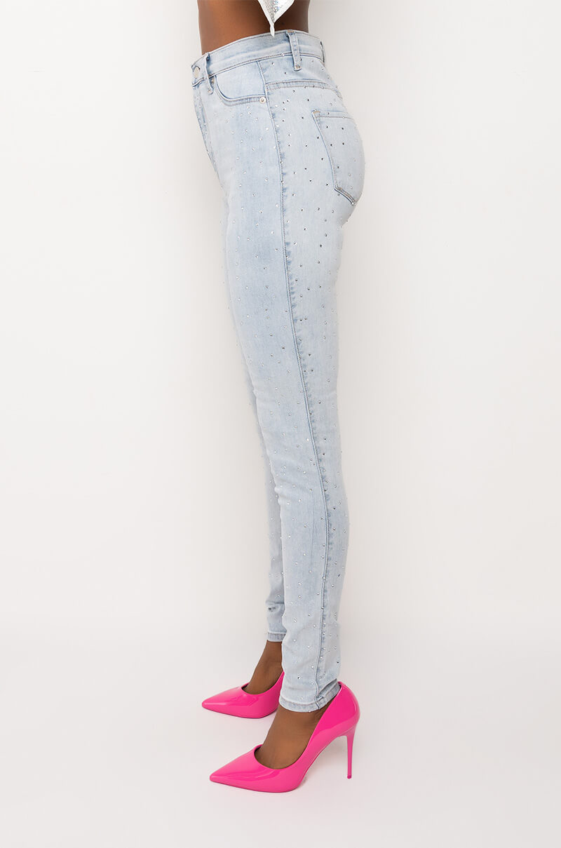 EXTREME STRETCH HIGH WAISTED SKINNY JEANS WITH RHINESTONES
