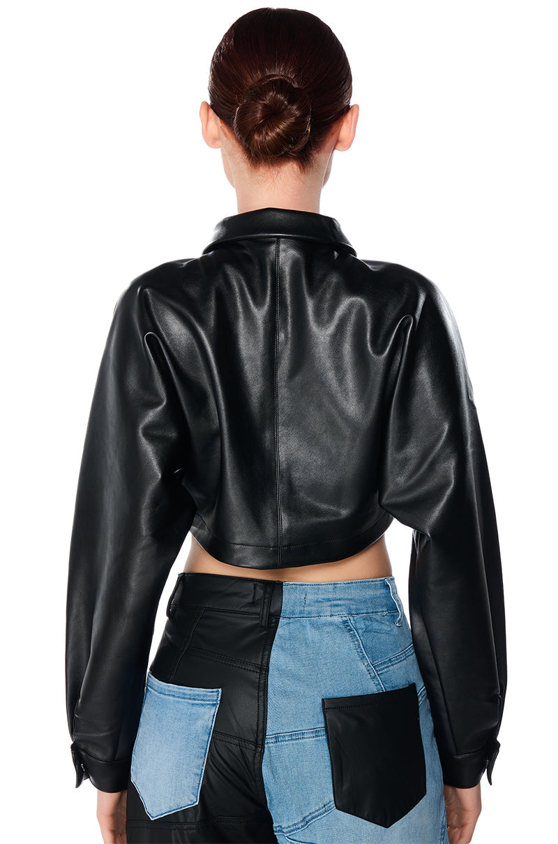 FAUX LEATHER CROPPED BUTTON DOWN SHIRT