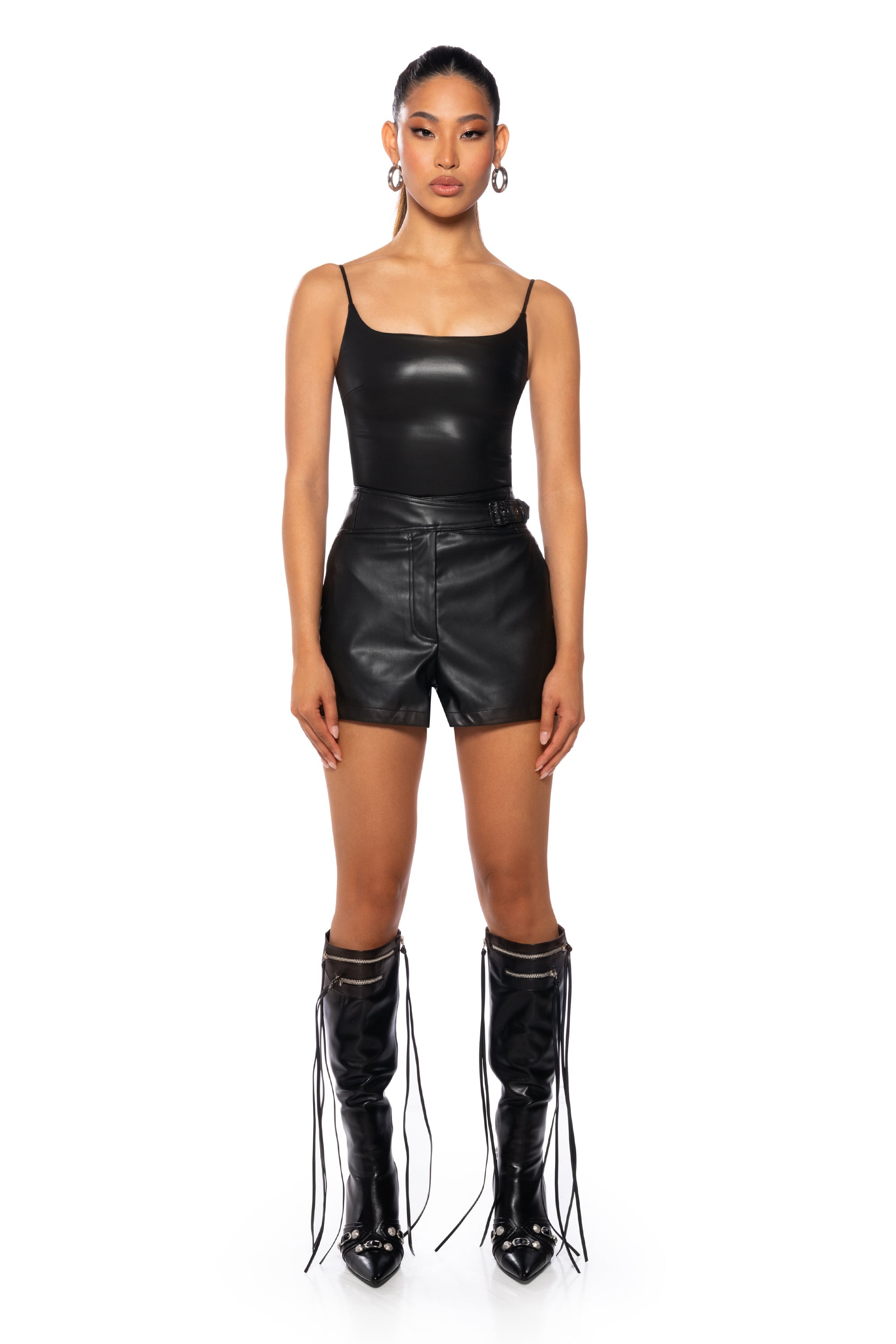 ULTRA STRETCH FAUX LEATHER SQUARE NECK BODYSUIT IN BLACK
