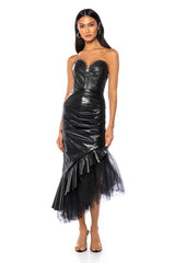 FEMININE FLARE TULLE AND FAUX LEATHER MAXI SKIRT