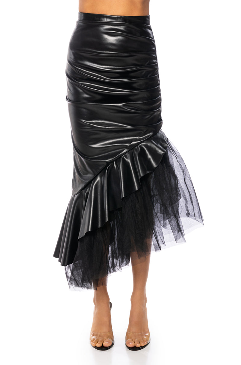 FEMININE FLARE TULLE AND FAUX LEATHER MAXI SKIRT