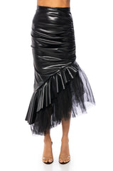 FEMININE FLARE TULLE AND FAUX LEATHER MAXI SKIRT