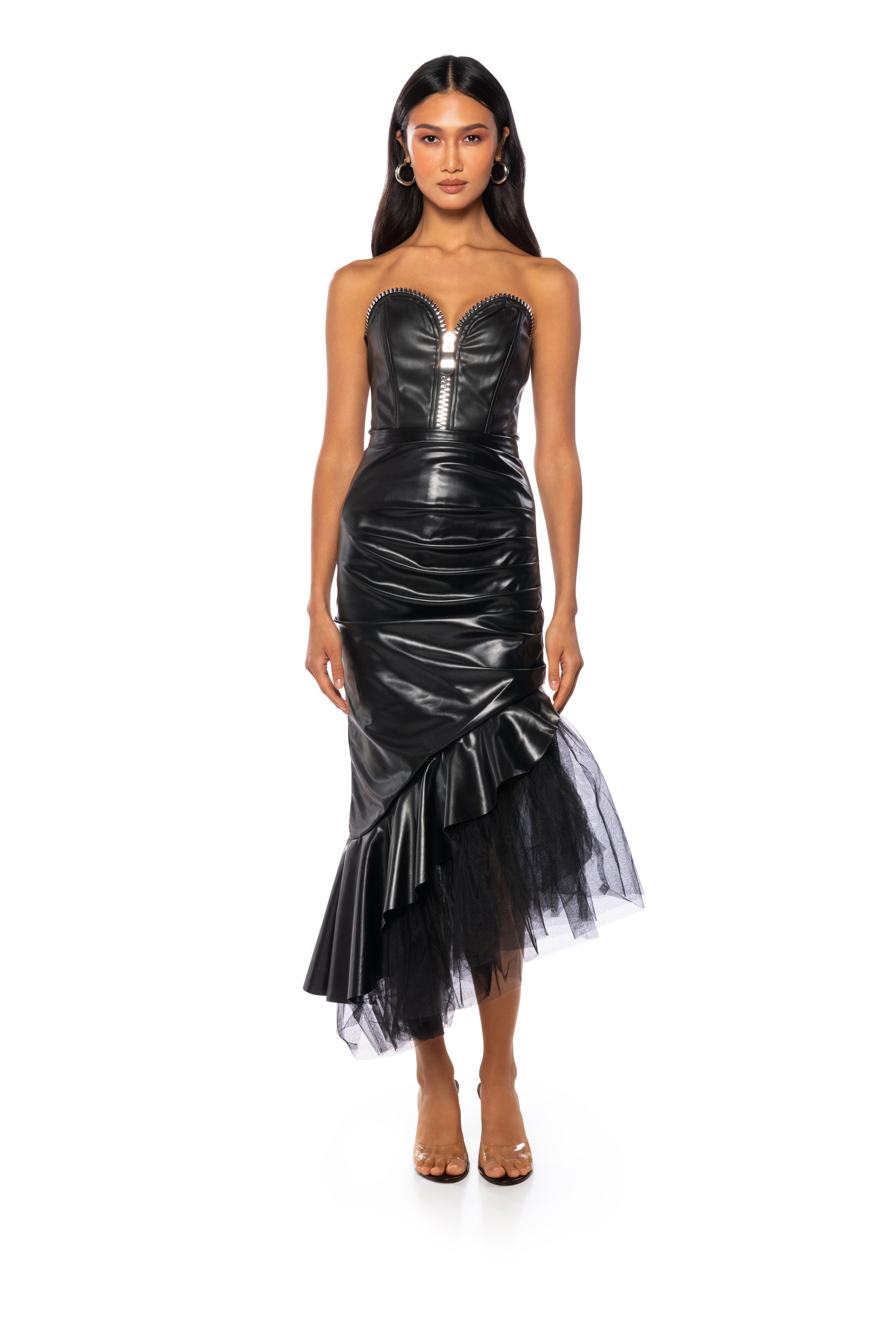 FEMININE FLARE TULLE AND FAUX LEATHER MAXI SKIRT