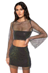 FLASHING LIGHTS RHINSTONE MESH LONG SLEEVE TOP IN BLACK