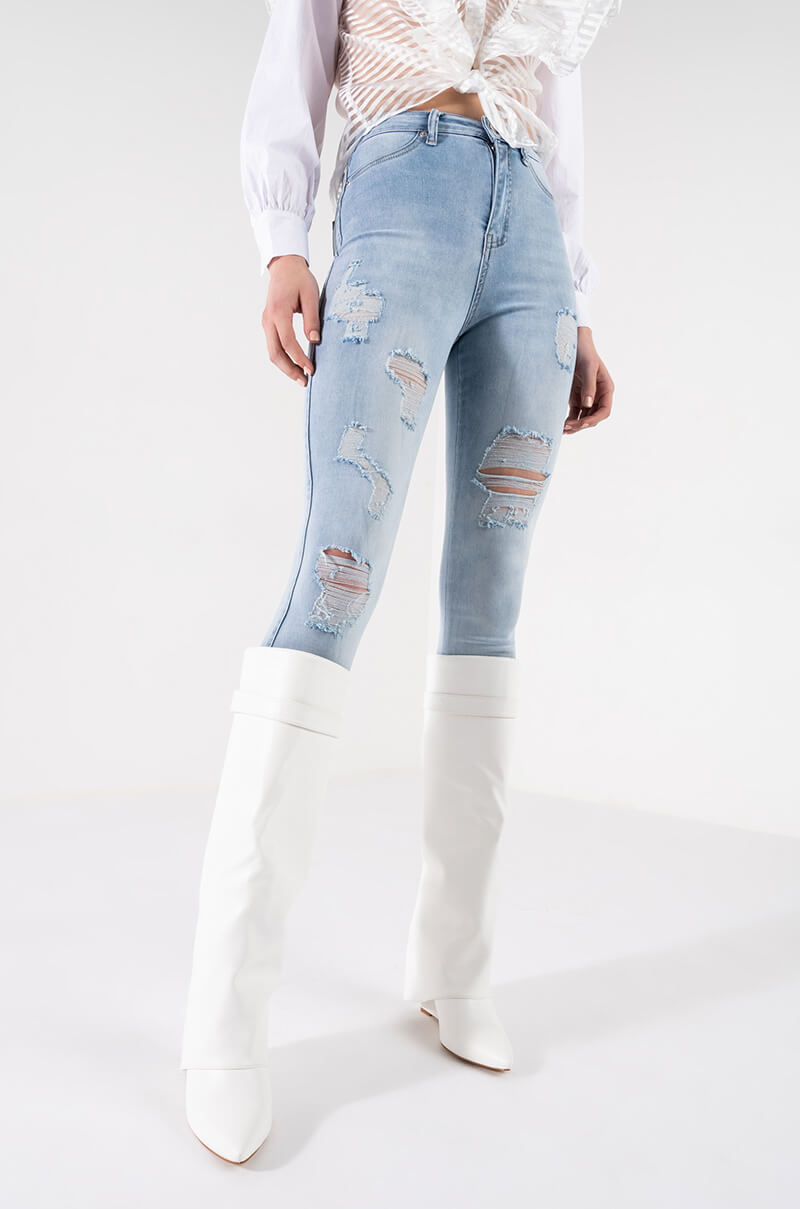 FLEX-FIT EXTREME STRETCH HIGH WAISTED DISTRESSED SKINNY JEANS