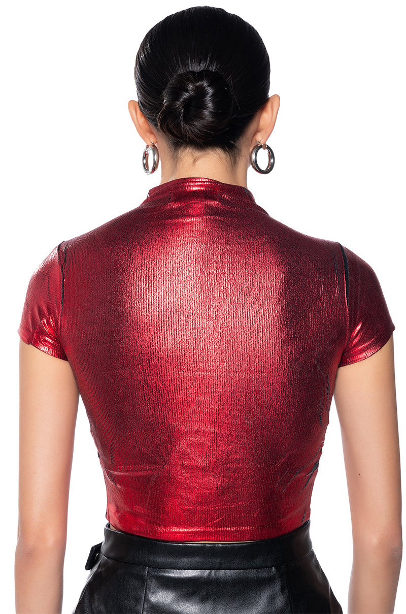 GEMINI SHORT SLEEVE MOCK NECK METALLIC TEE