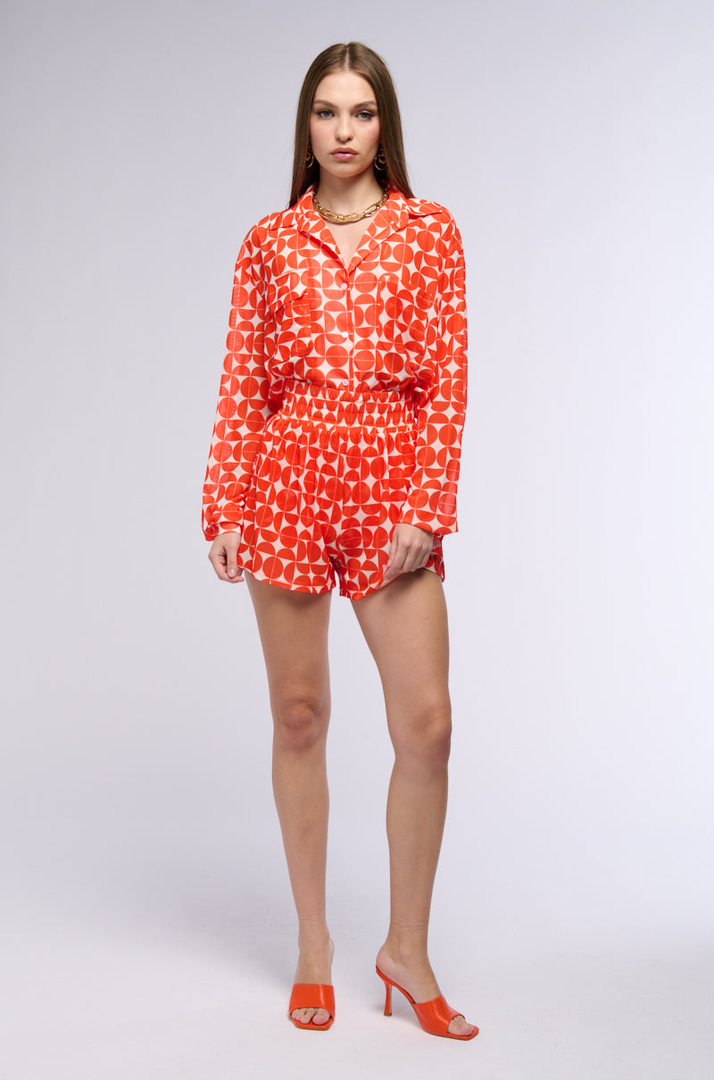 GIVE ME MONEY HONEY PRINTED MESH BUTTON DOWN BLOUSE