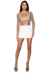 GLISTENING RHINESTONE MESH LONG SLEEVE TOP