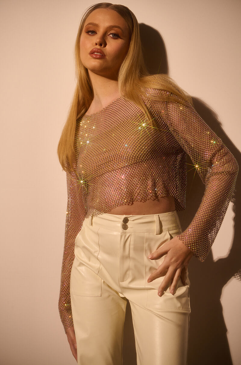 GLISTENING RHINESTONE MESH LONG SLEEVE TOP
