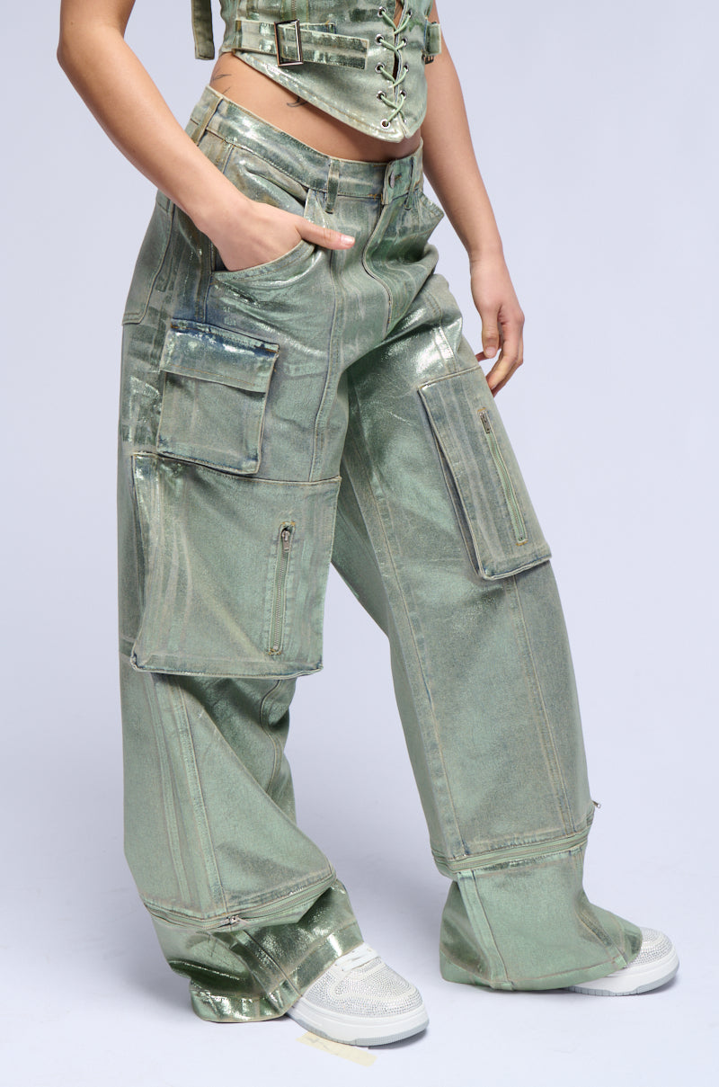 GREEN WITH ENVY METALLIC WIDE LEG CARGO PANT