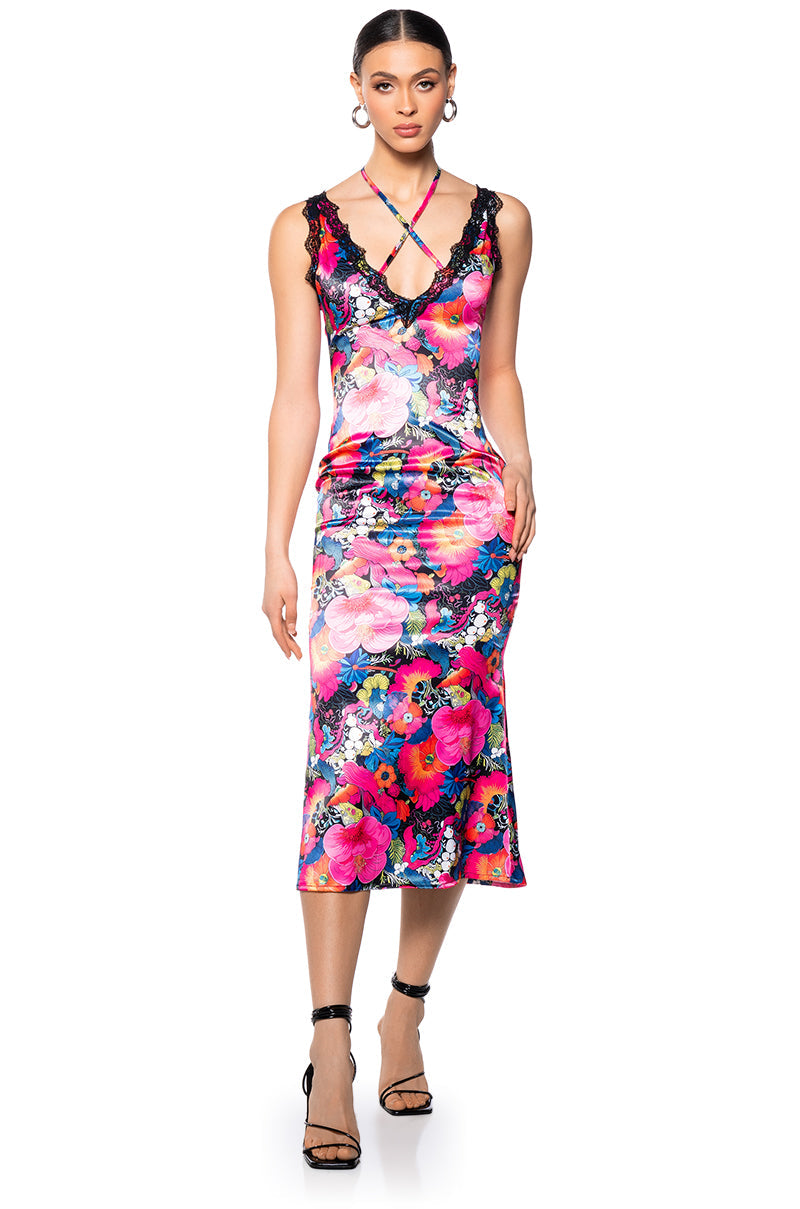 GROOVY BABY PRINTED SATIN MIDI DRESS