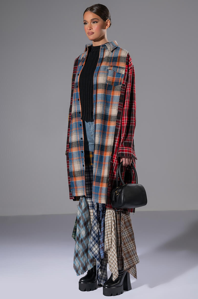 GRUNGE GIRL MIXED PATCHWORK OVERSIZED LONG PLAID TOP