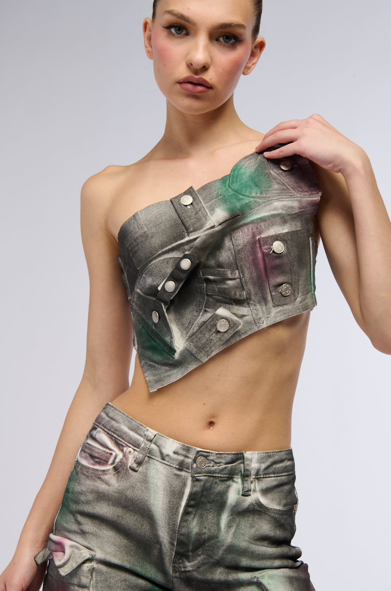 NOT YOURS BRALETTE DETAIL LAYERED PAINTED BUTTON DOWN BLOUSE