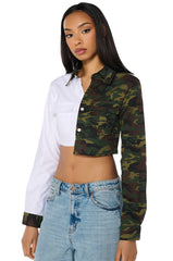 HER WAY LONG SLEEVE BUTTON DOWN POPLIN CAMO SHIRT